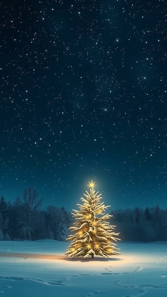 A peaceful winter night with stars and a glowing Christmas tree, symbolizing remembrance of loved ones in heaven.